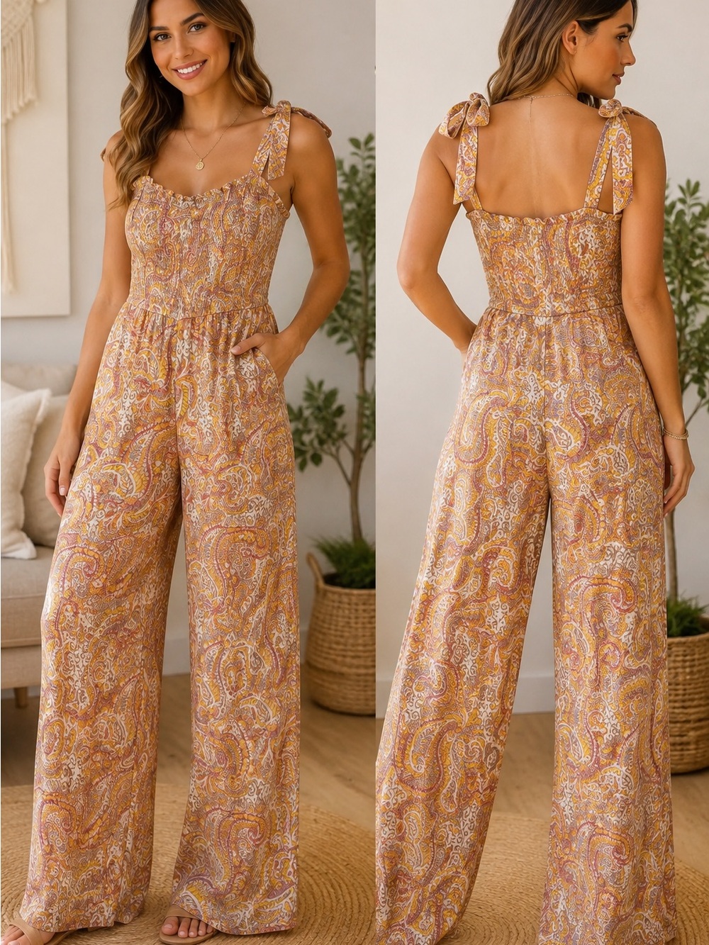 Jessica Simpson Paisley Wide Leg Jumpsuit Size L Tie Strap Boho